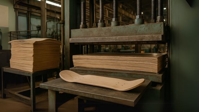 スケートボードのプレス工場でベニヤ板を圧着する製造工程の様子