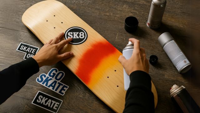 スケートボードのブランクデッキにスプレーとステッカーでカスタムしている様子