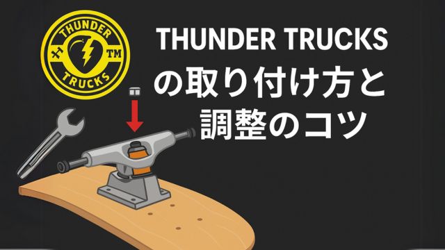 スケートボードにTHUNDER TRUCKSのトラックを取り付ける手順を示すイラスト。左にスパナと赤い矢印、右に『取り付け方と調整のコツ』という白文字テキスト、上部には黄色と黒のTHUNDERロゴが配置されている。