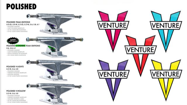 VENTURE TRUCKの各モデル（TEAM EDITIONS、V-LIGHTS、V-HOLLOW）のポリッシュ仕様を比較したトラック画像