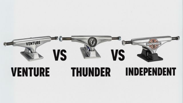 VENTURE、THUNDER、INDEPENDENTの3大スケートボードトラックブランドを比較するイメージ。特徴的なロゴと各ブランドの代表的なトラックが並ぶ