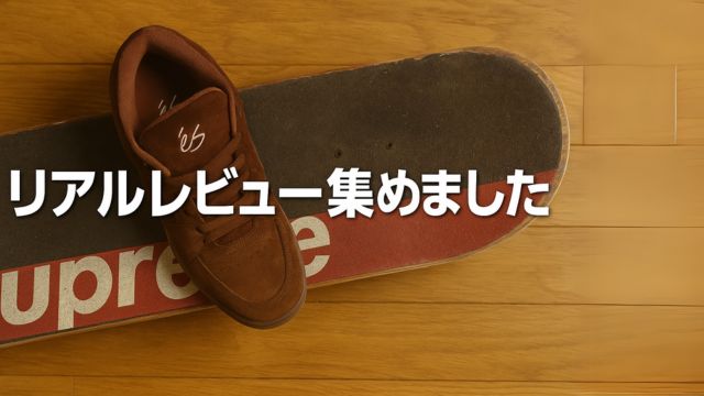 ブラウンのes ACCEL OGスニーカーが、スケートボードの上に置かれている構図。