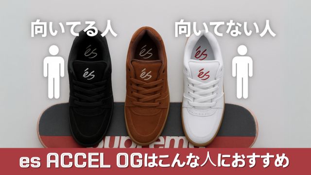 黒・茶・白のes ACCEL OGが横並びに背景に配置されており、左右に人型アイコンと「向いてる人」「向いてない人」の白文字が表示された判断イメージ