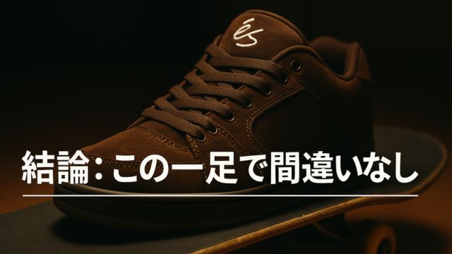 黒または茶色のes ACCEL OGが光を浴びながら中央に配置された構図。背景は暗めで靴が引き立つ。