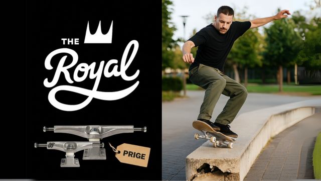 ROYAL TRUCKを使いこなす中上級者スケーターとブランドロゴのコラージュ