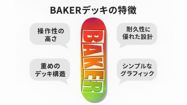 BAKERデッキの操作性・耐久性・安定感などの特徴を視覚的に示したグラフィックまとめ