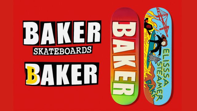 BAKER SKATEBOARDSのロゴと歴代人気デッキ2本が並ぶ、ブランドの歴史を象徴するビジュアル