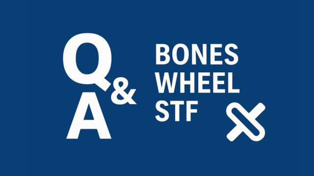 BONES WHEEL STFのQ&Aセクション用アイキャッチ画像。青い背景に大きく白文字で「Q & A」と「BONES WHEEL STF」が配置され、シンプルかつモダンなデザインで構成されている。
