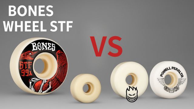 BONES WHEEL STFと他ブランドのウィールを比較するアイキャッチ画像。左側に赤いグラフィックのBONES STFウィール、中央に緑のクエスチョンマーク、右側にSpitfireとPowell Peraltaなど他ブランドのウィールが並んでいる。