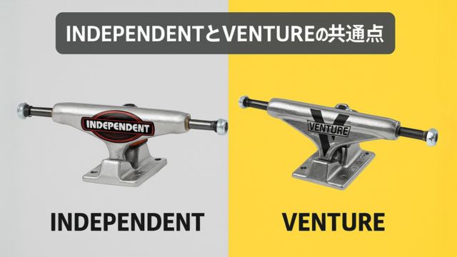 INDEPENDENTとVENTUREの共通点を紹介する比較画像。左側にINDEPENDENT、右側にVENTUREのスケートボードトラックが配置され、背景はグレーとイエローに分かれている。中央上部には『INDEPENDENTとVENTUREの共通点』という日本語タイトルが表示されている。
