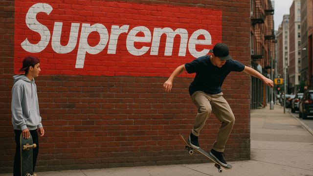 Supremeのロゴが描かれた壁の前でスケートボードをする若者たち。ニューヨークのストリートカルチャーを象徴する風景