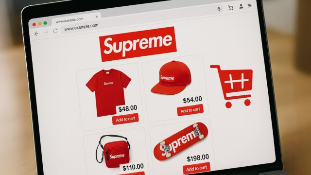 パソコン画面に価格比較サイトが表示され、Supremeの検索結果が並んでいる様子。虫眼鏡アイコンや価格帯が強調されている。