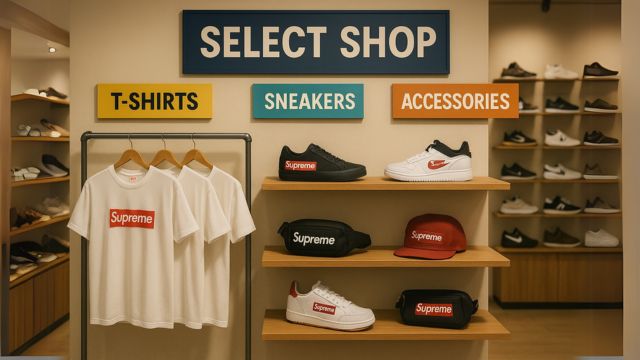 Supremeのアイテムがジャンル別に並ぶセレクトショップの店内風景。Tシャツ、スニーカー、アクセサリーが展示されている