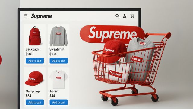 パソコン画面にSupremeの価格比較結果が表示され、最安値をチェックしている様子