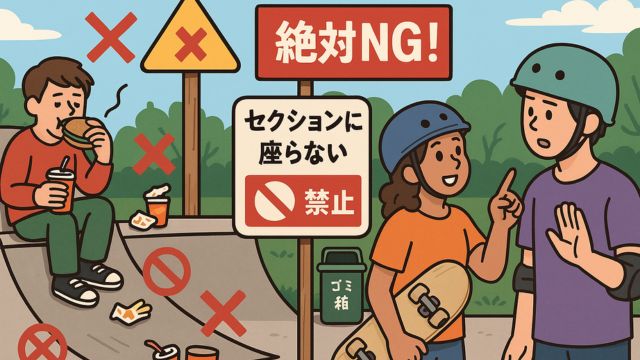 スケートパーク内でセクションに座って飲食し、ゴミを散らかす若者と、それを注意するスケーターたちのイラスト。背景には「絶対NG！」「セクションに座らない」と書かれた警告看板があり、禁止行為をわかりやすく表現している。