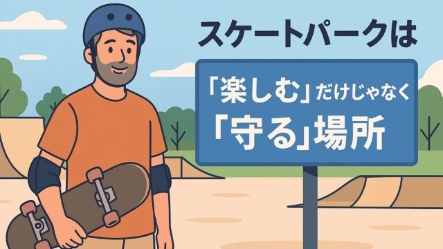 スケートパークでスケートボードを持つ中年男性スケーターのイラスト。背景には「スケートパークは『楽しむ』だけじゃなく『守る』場所」と書かれた青い看板と、ランプや緑の木々が描かれ、マナーの大切さを伝えている。