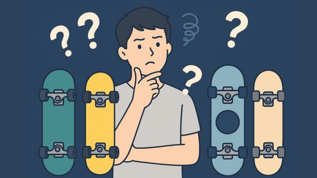 初心者が複数のスケートボードを前に悩んでいる様子のイラスト