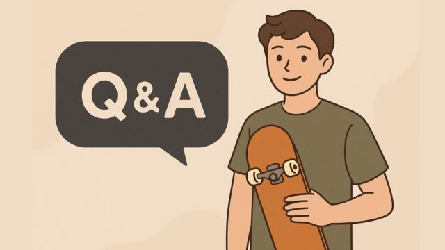 スケートボードを持った若者と「Q&A」と書かれた吹き出しが描かれたイラスト