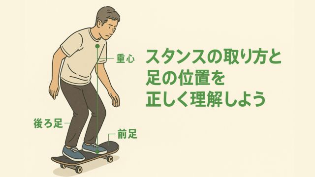 スケートボードの上でスタンスを確認する中年男性。後ろ足はテールキックの最も端に正しく配置され、前足は前ビスの手前。体の重心と足の位置にラベルが示され、「スタンスの取り方と足の位置を正しく理解しよう」