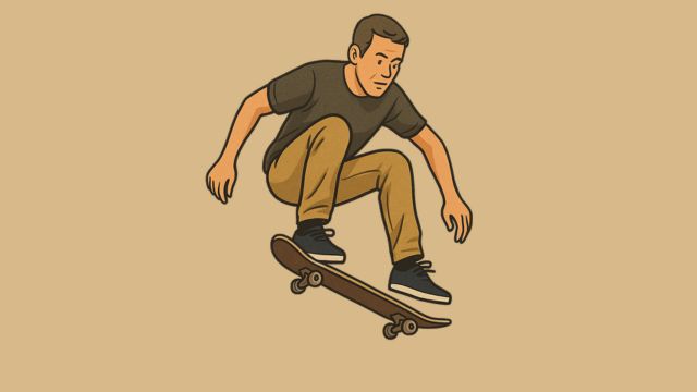 オーリーの最中にテールが上がるタイミングで後ろ足を引きつけ、ノーズが少し下がった状態の若めの中年スケーターのイラスト。空中でバランスを保ち、板と体が一体化したフォームが描かれた16:9比率のアイキャッチ画像。