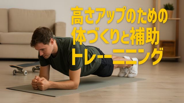 スケーターが室内でプランクやスクワットをしている様子。スケートデッキがそばに置かれていると関連性アップ。