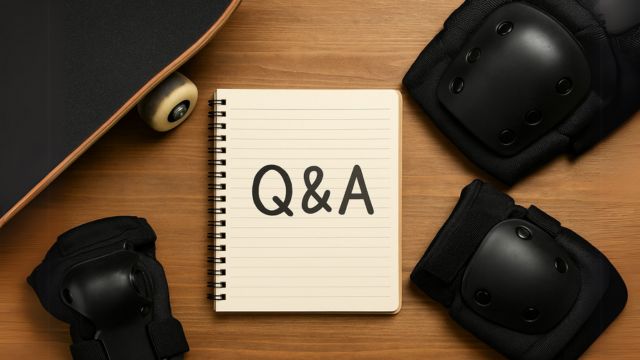 ノートに「Q&A」と書かれたページ、横にスケートボードやプロテクターが置かれている落ち着いたシーン。