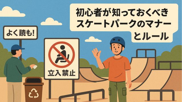 スケートパークでルールを守るスケーターとゴミを分別する男性のイラスト。背景には「立入禁止」や「よく読む！」の看板、ランプなどのセクションがあり、初心者向けマナーを視覚的に伝えている。 