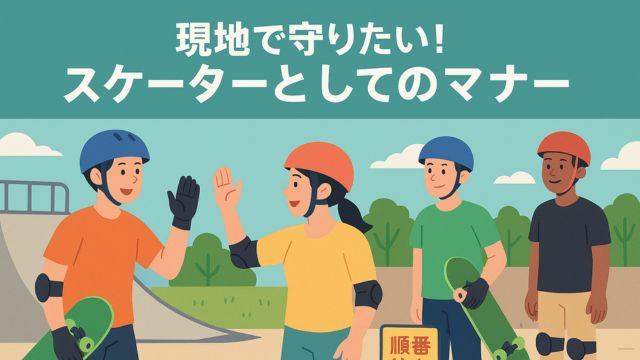 スケートパークで順番待ちの列に並ぶスケーターたちと、笑顔で挨拶を交わす若い男女のイラスト。背景にはランプや緑が描かれ、マナーを守って楽しく滑る様子が表現されている。