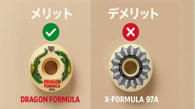 メリット（✔）とデメリット（✘）を示すアイコンと Dragon Formula 93A、X‑Formula 97A のウィール写真