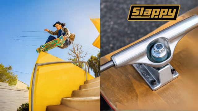 スケーターが黄色い縁石をオーリーで飛び越えるシーンと、スケートボードに装着されたSLAPPY TRUCKSのクローズアップ写真が左右に分かれたアイキャッチ画像。左上に『実際に使ってみた』の日本語タイトル、右上にSlappyロゴが配置されている。