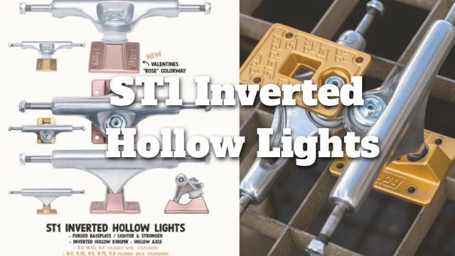 SLAPPY TRUCKSのST1 INVERTED HOLLOW LIGHTSモデルを特集したアイキャッチ画像。左側にローズカラーとゴールドカラーの各種トラックが縦に並び、右側には黄色のベースプレートが特徴的なトラックが格子状の金属の上に置かれている。