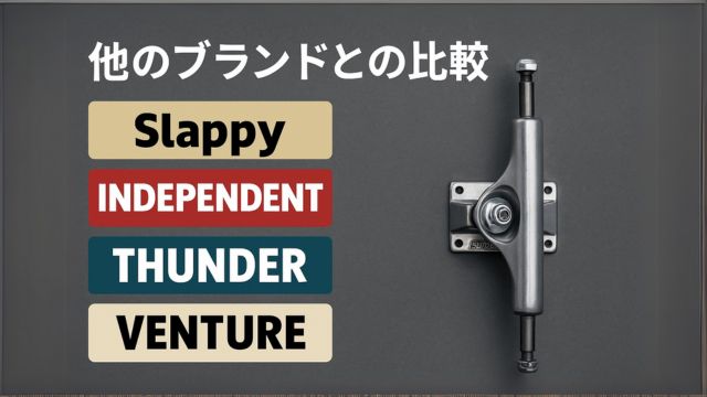 SLAPPY TRUCKS・INDEPENDENT・ACE・THUNDERのスケートボードトラックが横並びに比較され、上部に『他のブランドとの比較』という日本語タイトルが配置された16:9のアイキャッチ画像。背景にはグレーのグラデーションとシンプルな比較表イメージがデザインされている