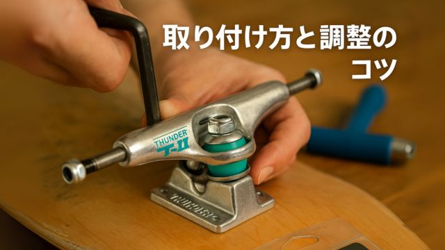 スケートボードにTHUNDER T-IIを取り付ける工程と調整中の工具を使った手元のアップ画像