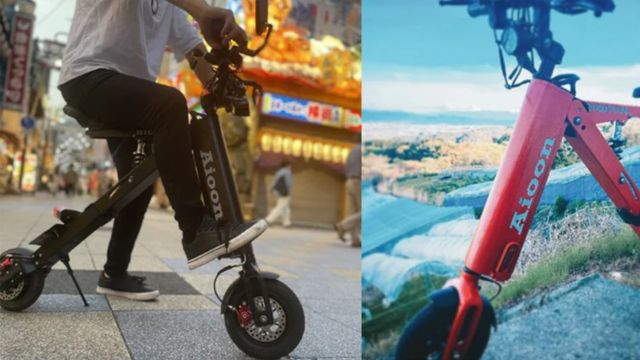 Aioonに乗って街中を走る人物の後ろ姿とともに「快適な移動」をイメージさせるナチュラルな背景。