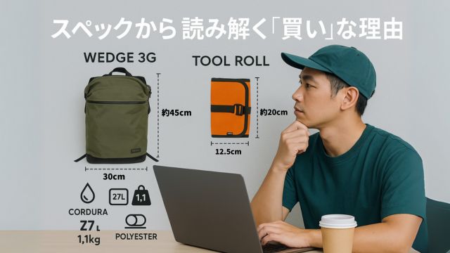 VAGA BAGのWEDGE 3GとTOOL ROLLのスペックが記載された図解風アイキャッチ