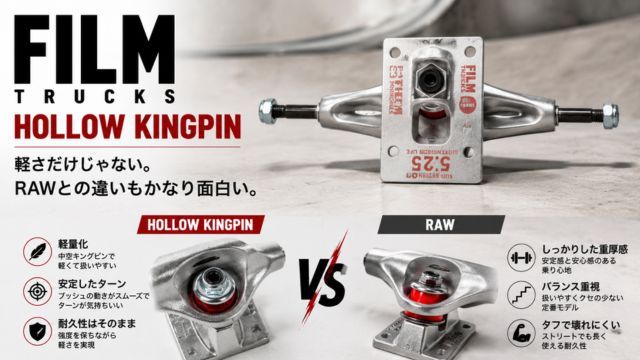 FILM TRUCKS HOLLOW KINGPINとRAWモデルを比較したスケートボードトラック画像。軽量性と乗り味の違いを紹介。