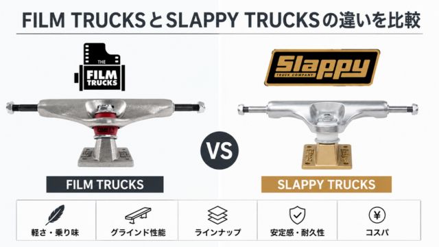 FILM TRUCKSとSLAPPY TRUCKSの違いを比較したシンプルな画像。両ブランドのロゴとトラック本体を左右に配置し、軽さ・乗り味・グラインド性能・ラインナップ・安定感・耐久性・コスパの違いをわかりやすく紹介している比較イメージ。