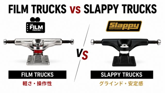 FILM TRUCKSとSLAPPY TRUCKSの違いをシンプルにまとめた比較画像。FILM TRUCKSとSLAPPY TRUCKSのトラック本体を並べて配置し、FILM TRUCKSは「軽さ・操作性」、SLAPPY TRUCKSは「グラインド・安定感」という特徴をわかりやすく紹介しているイメージ。